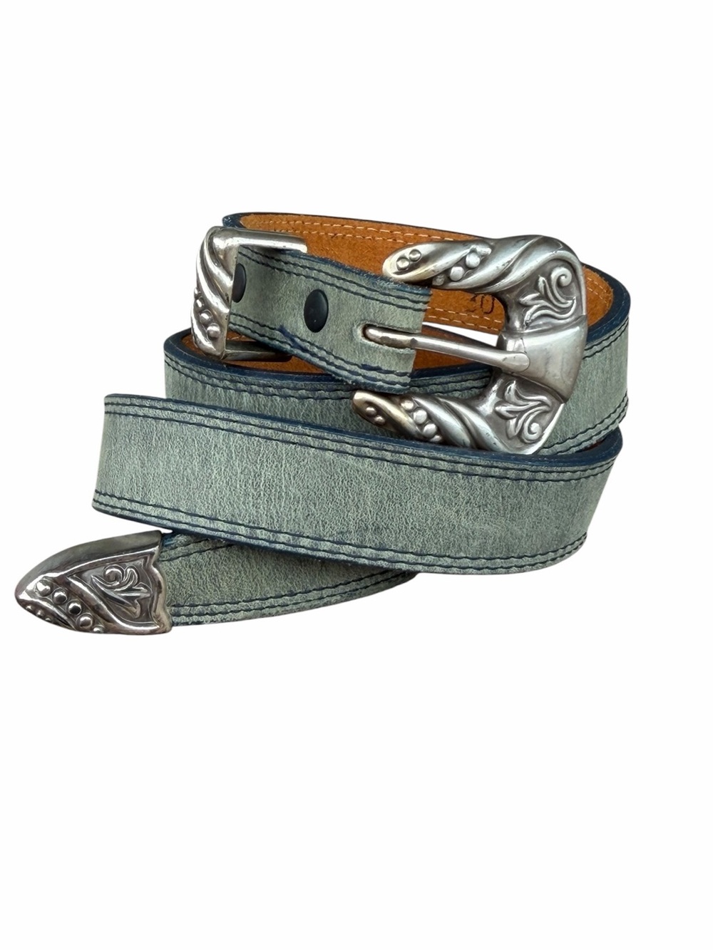Vintage Nacona Ladies Leather Western Belt Silver Tone Buckle Green/Blue Size 30